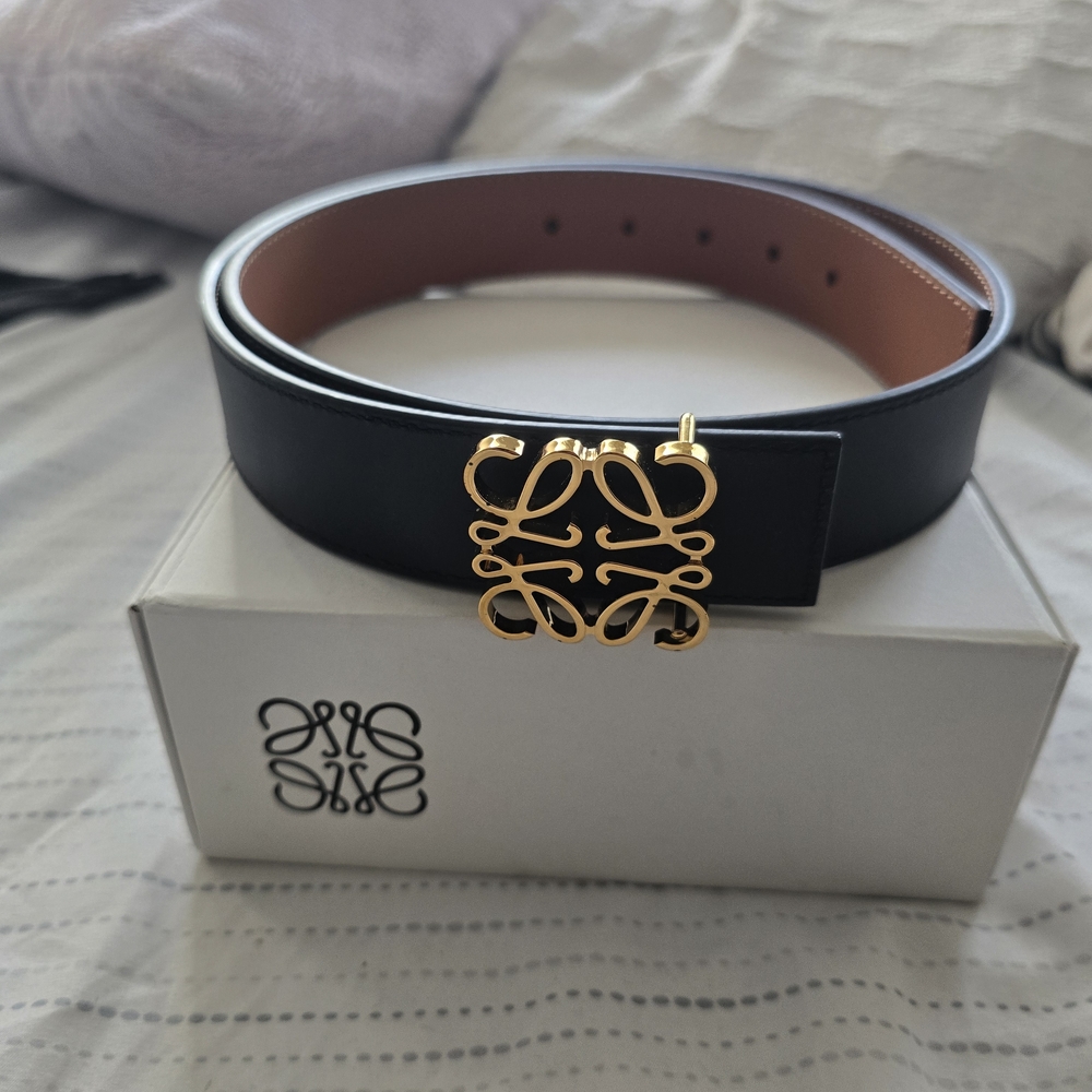 Loewe Black Leather Belt with Gold Buckle